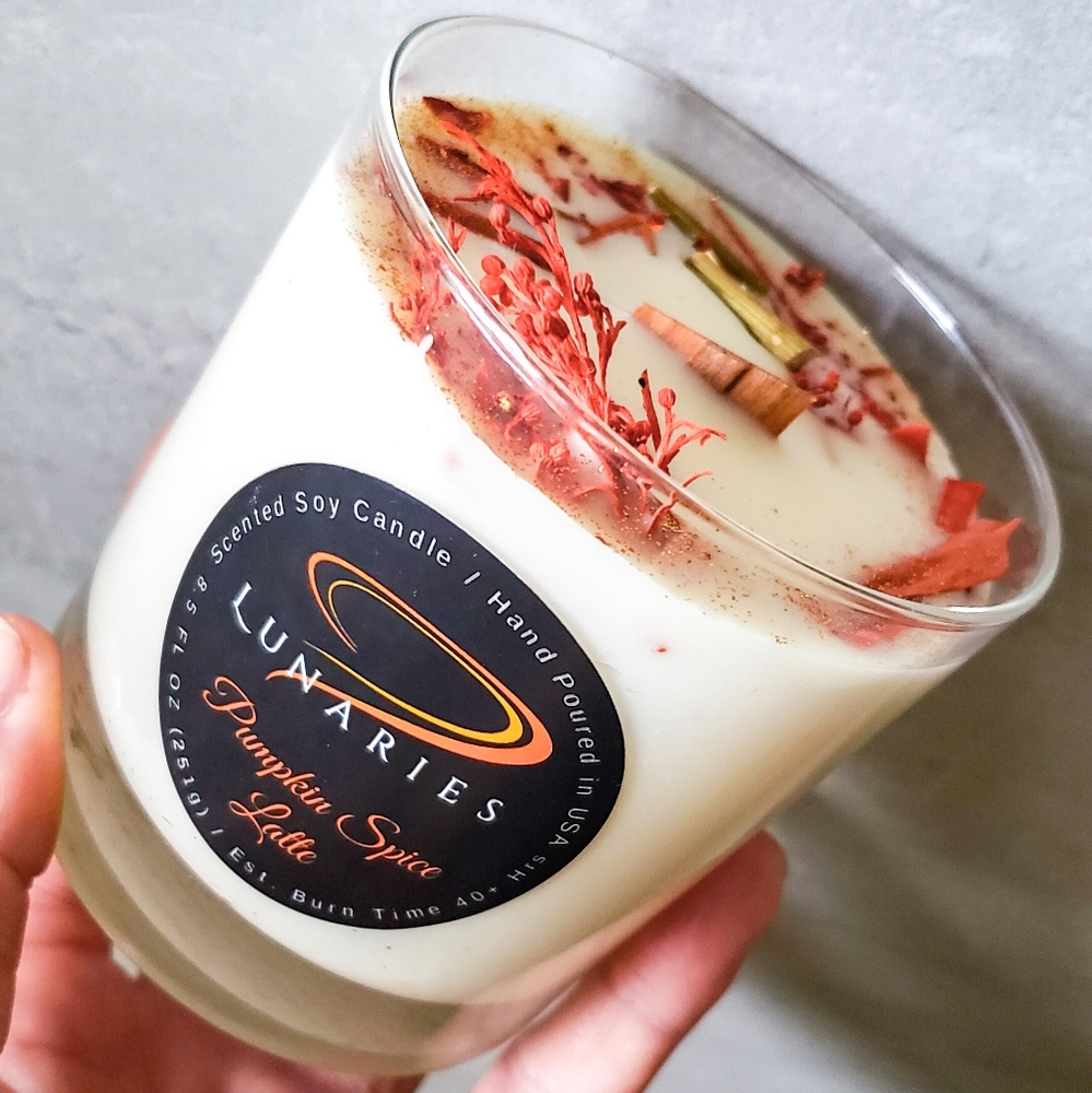 Pumpkin Spice Latte Soy Wax Candle w/ Wood Wick and Botanicals - Picture 6 of 12